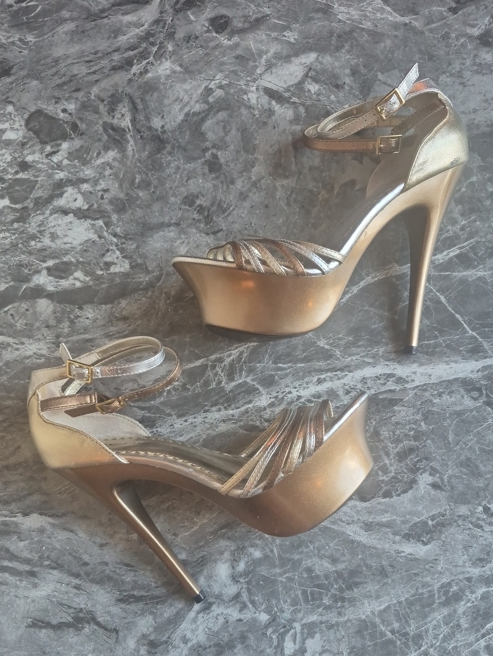 bebe Gold Metallic Platform Stiletto Sandals with Ankle Straps